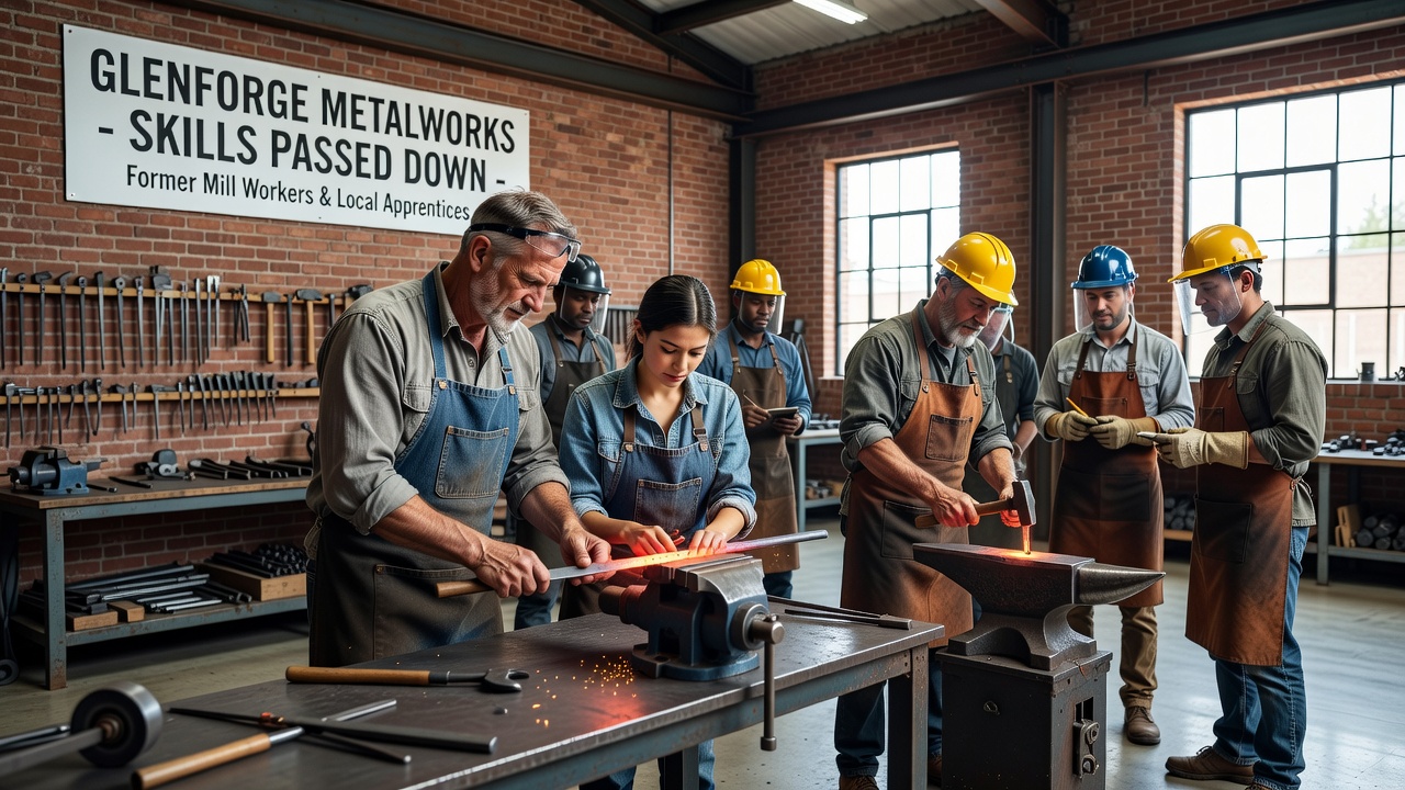 Close-up view of apprentices practicing forging techniques under guidance from former mill workers