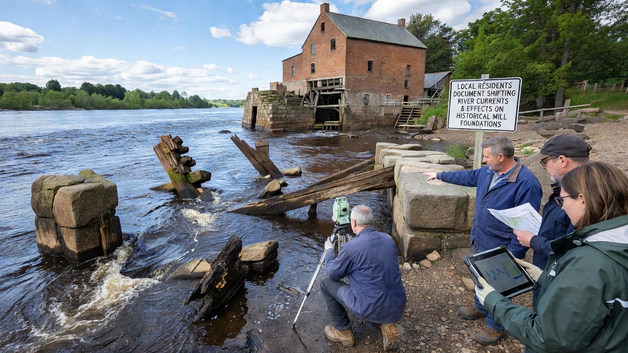 Group of citizen scientists reviewing river current data logs beside preserved mill ruins